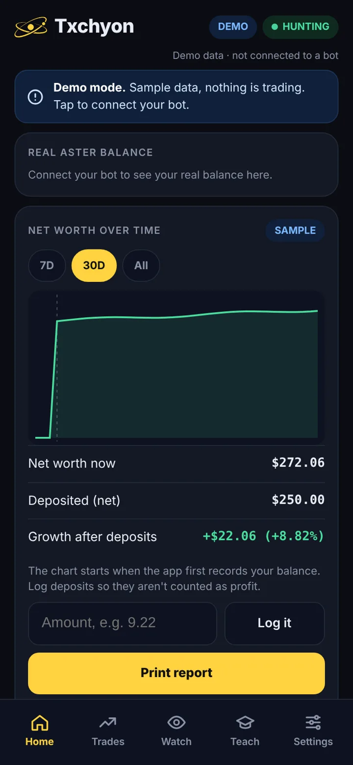 Txchyon app home screen with balance and net worth chart